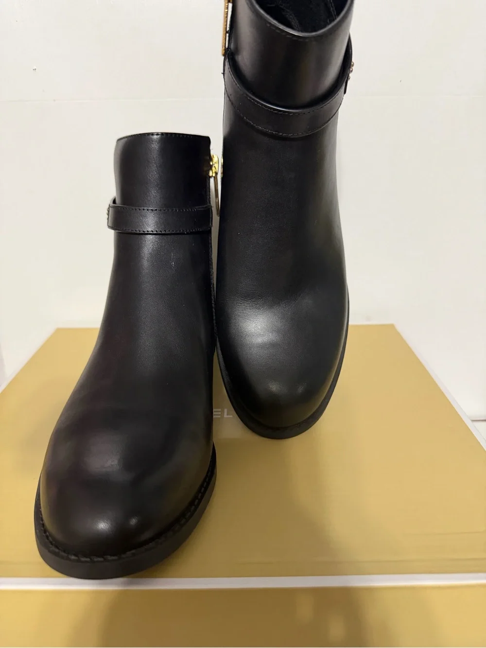 Michael Kors Black Leather Ankle Boots with Brown MK Panel